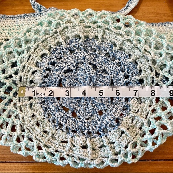 NEW! Handcrafted Crochet 100% Cotton Packable Tote Bag & Pouch - Blue/Green - Picture 14 of 16